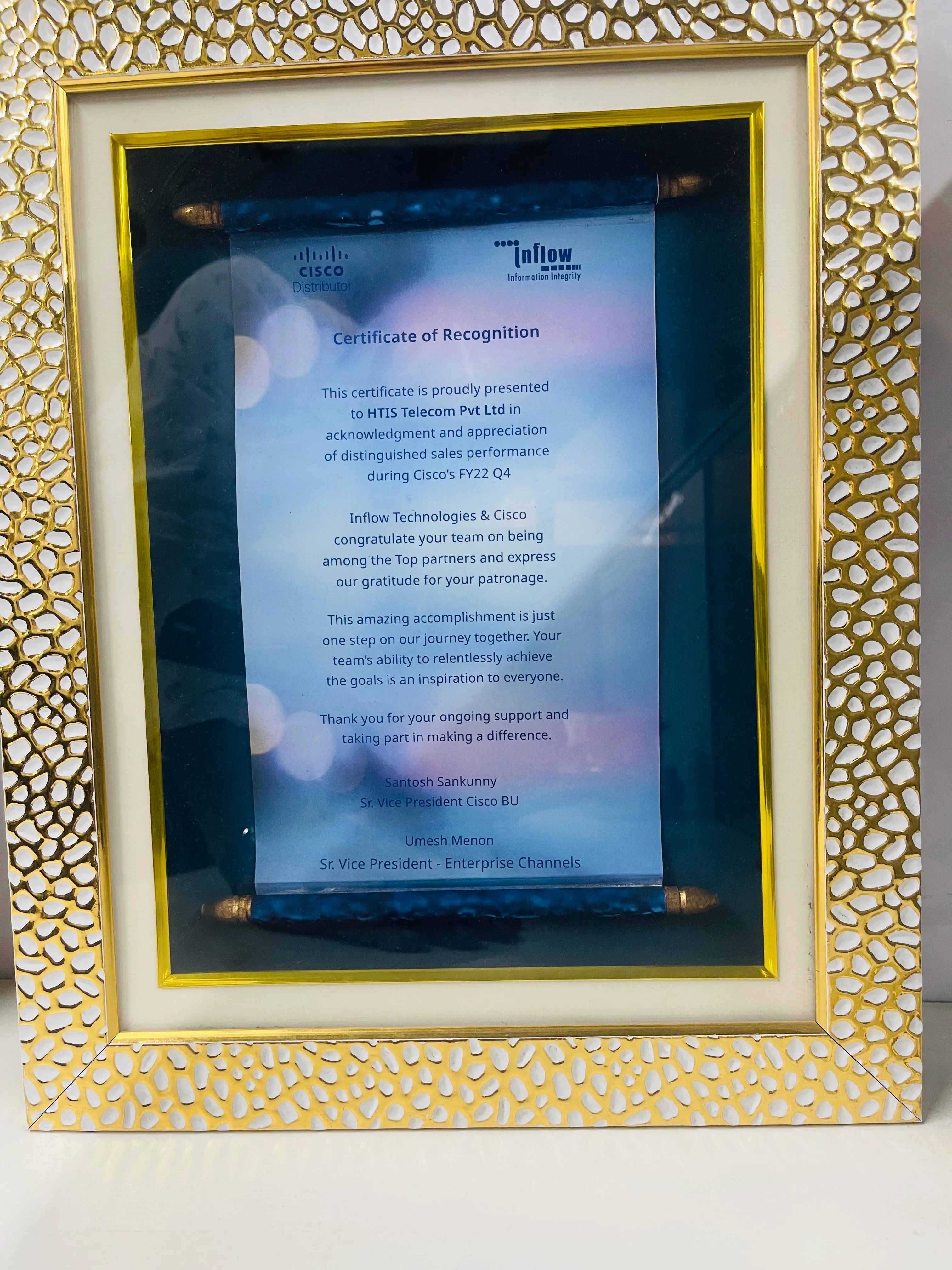 Certificate of Recognition (Distinguished Sales Performance)